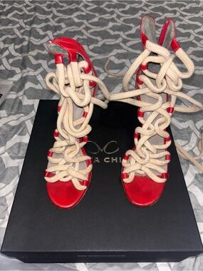 Monika Chiang Red Lace-Up Rope Heeled Sandals